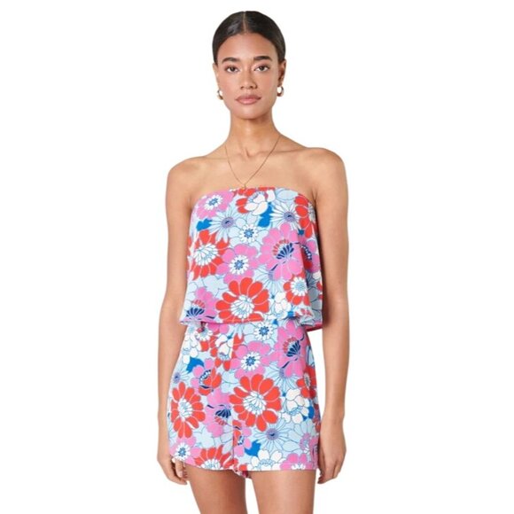 Sugarlips Berry Mix Floral Strapless Romper Size Large Retro Pink Blue White - Picture 3 of 10